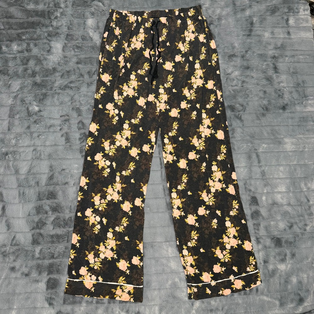 Heavenly by Victoria Secret Floral Pajama Pants Black Pink Wide Leg Size M 3631
